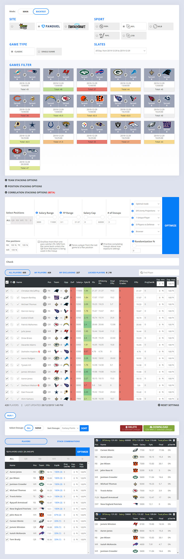 Sporty Systems - lineup optimizer - general page